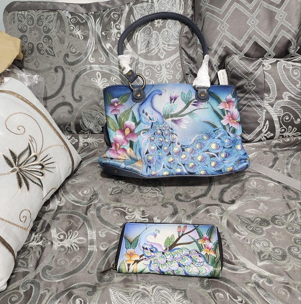 Anuschka Midnight Peacock Purse And Wallet  Handpainted Genuine Leather